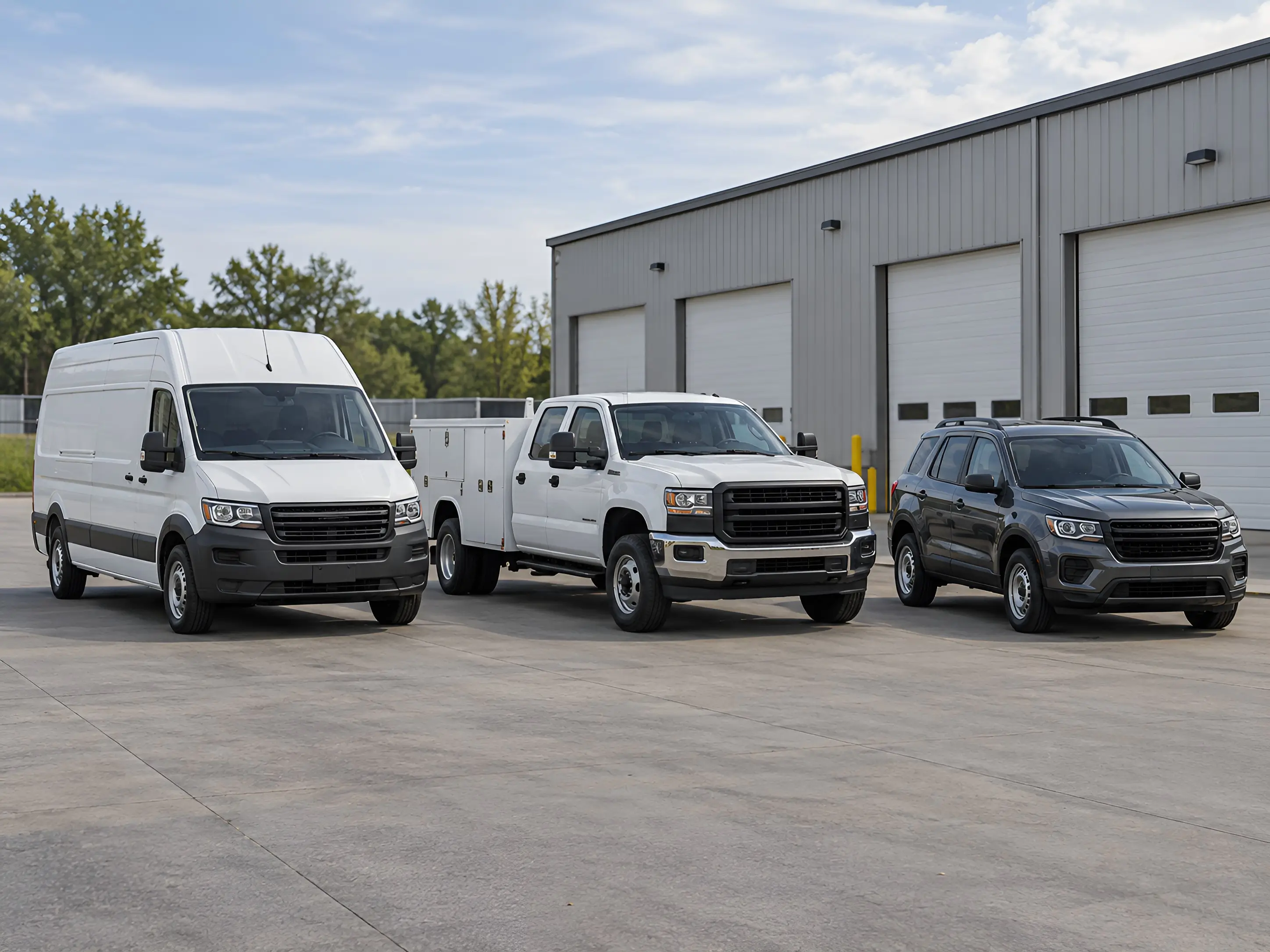 A white cargo van, a white service truck with a utility body, and a dark gray SUV parked side by side outside a commercial building with garage doors