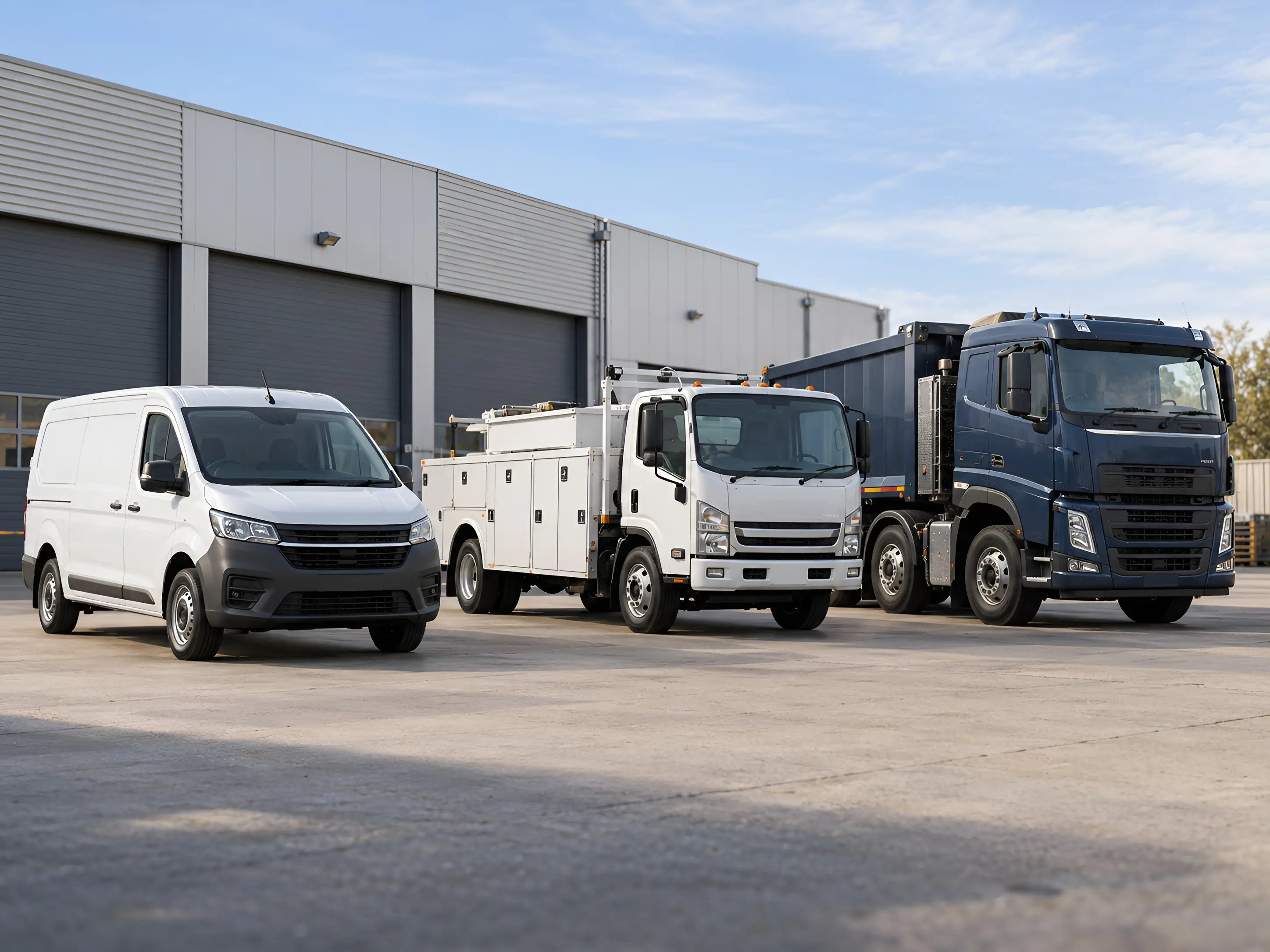 A white cargo van, a white service truck with a utility body, and a navy heavy-duty truck parked side by side outside a commercial building