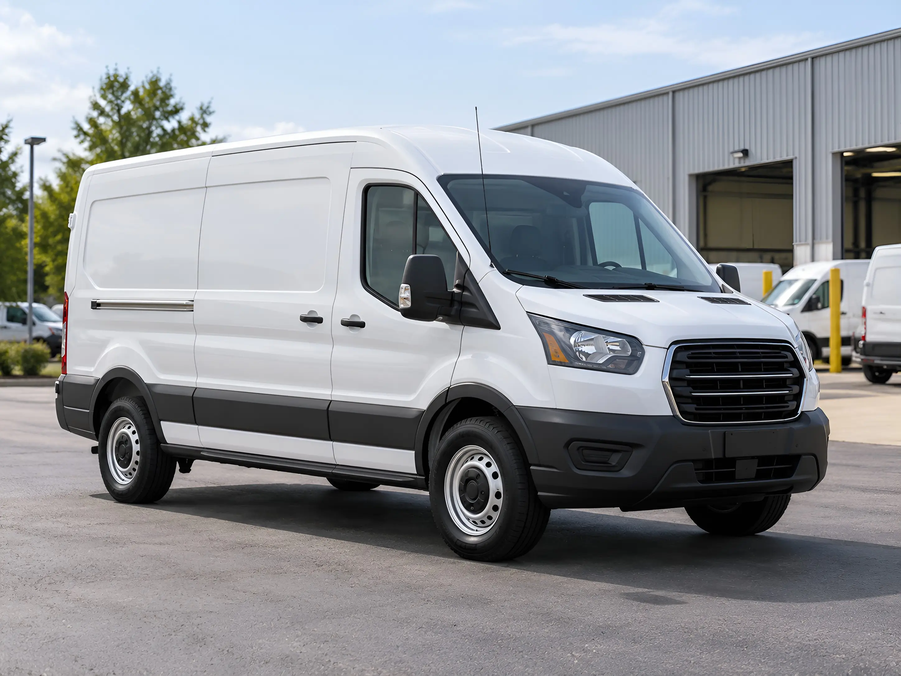 White commercial cargo work van parked in a fleet lot beside a warehouse building