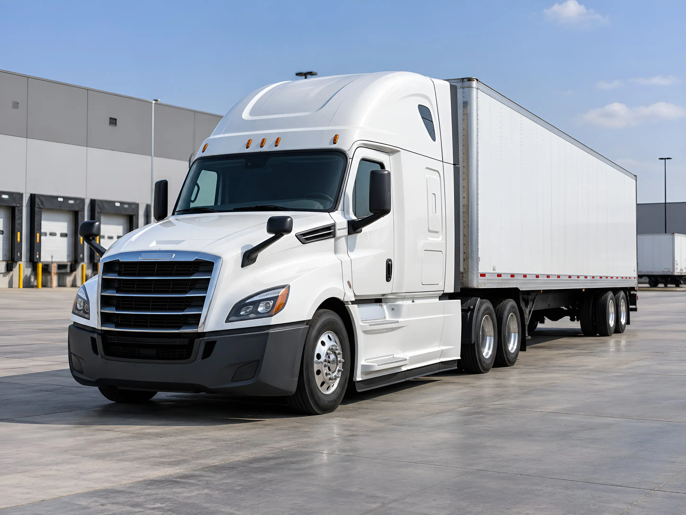 White heavy-duty commercial truck tractor parked at a distribution facility with loading docks