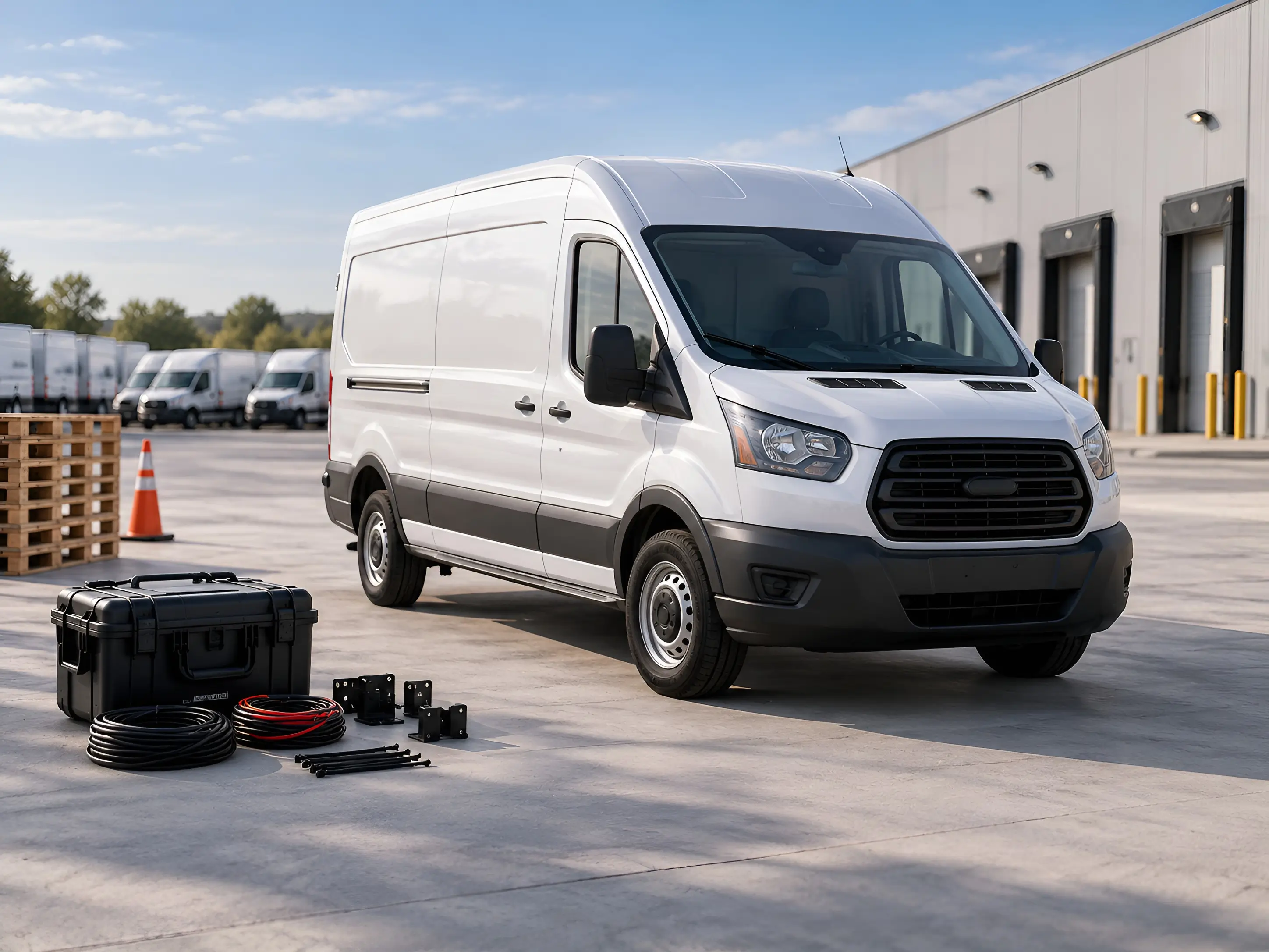 White commercial cargo van at a fleet facility loading area, with an installation tool case, cable coils, and mounting brackets on the ground beside it