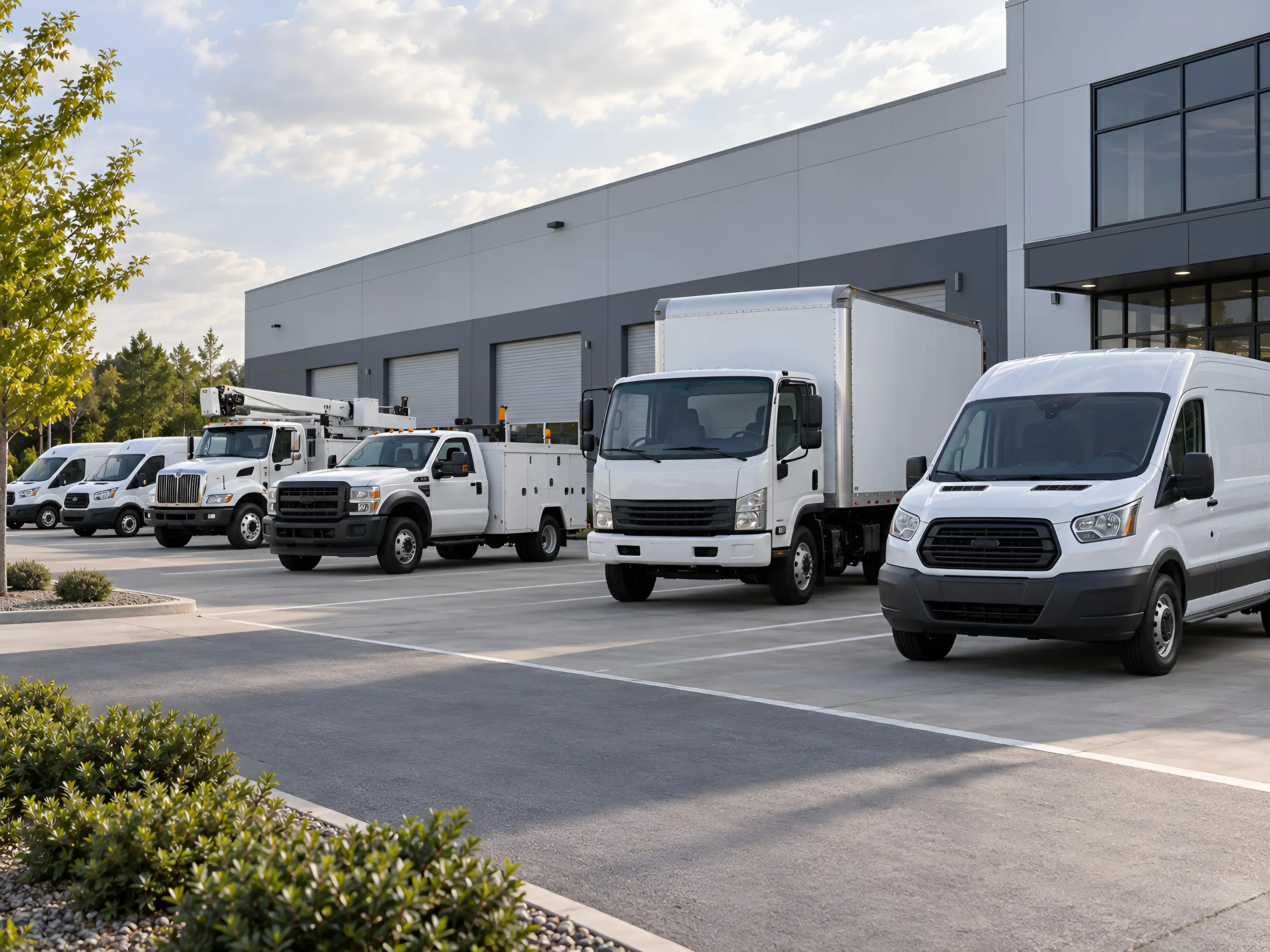 Commercial vans and trucks staged outside a fleet facility