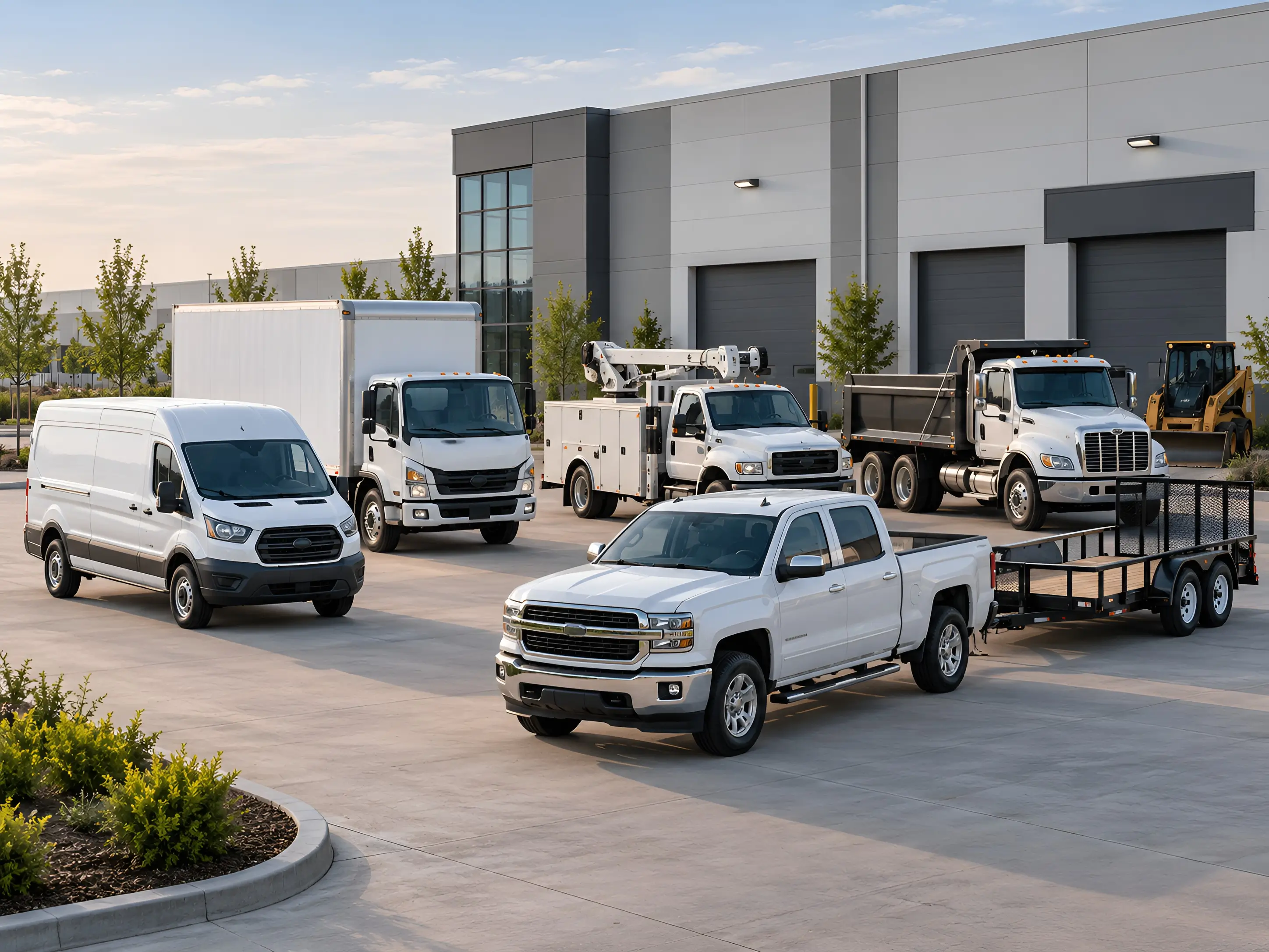 Commercial fleet vehicles parked at a fleet facility