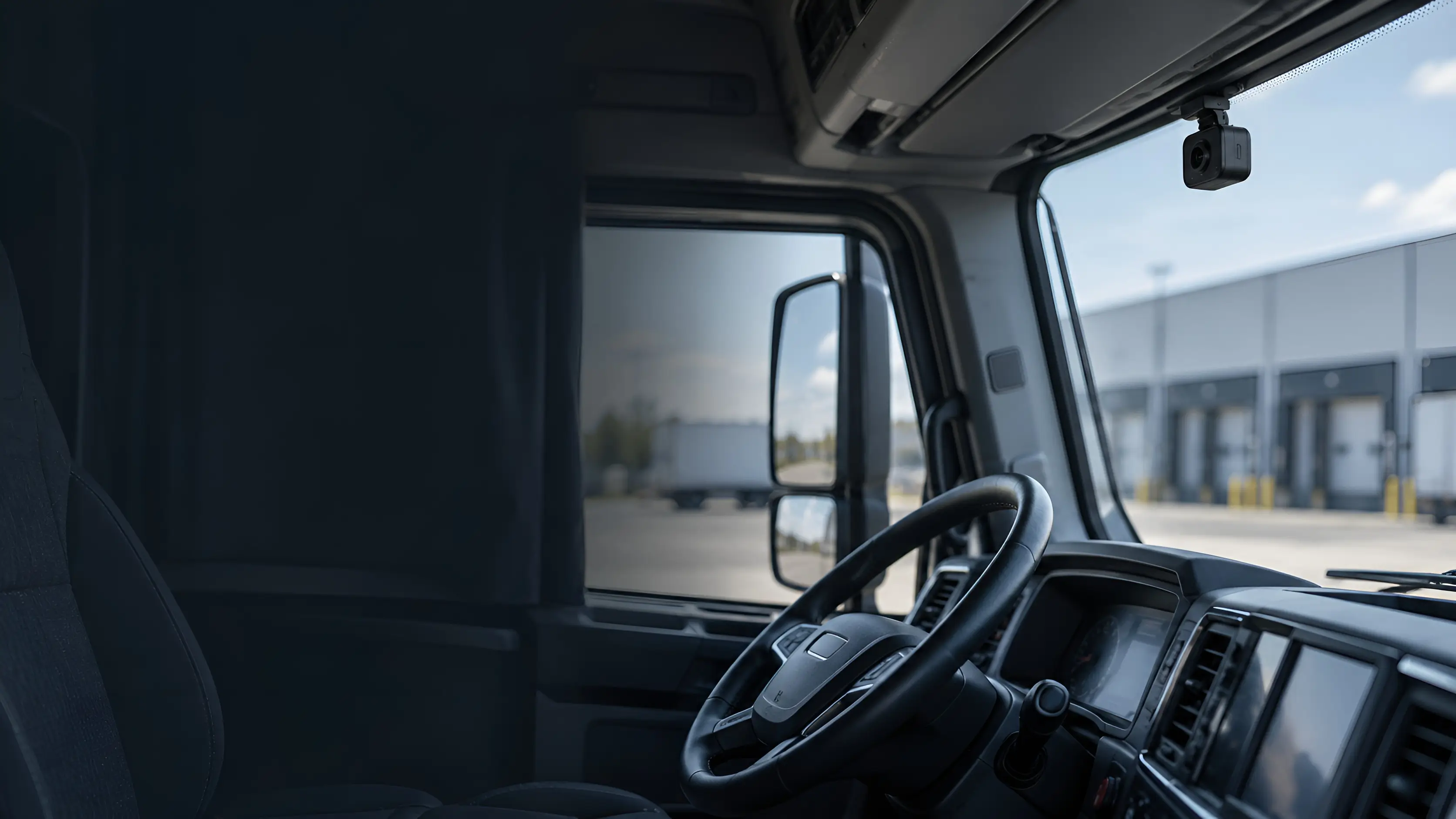 Commercial truck cab with a compact dashcam mounted on the windshield