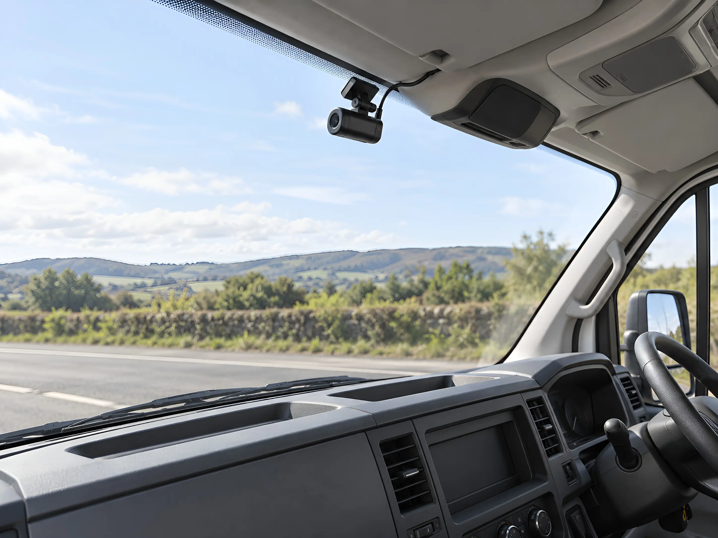 Dashcam mounted at the top of a commercial vehicle windshield with its cable routed along the headliner