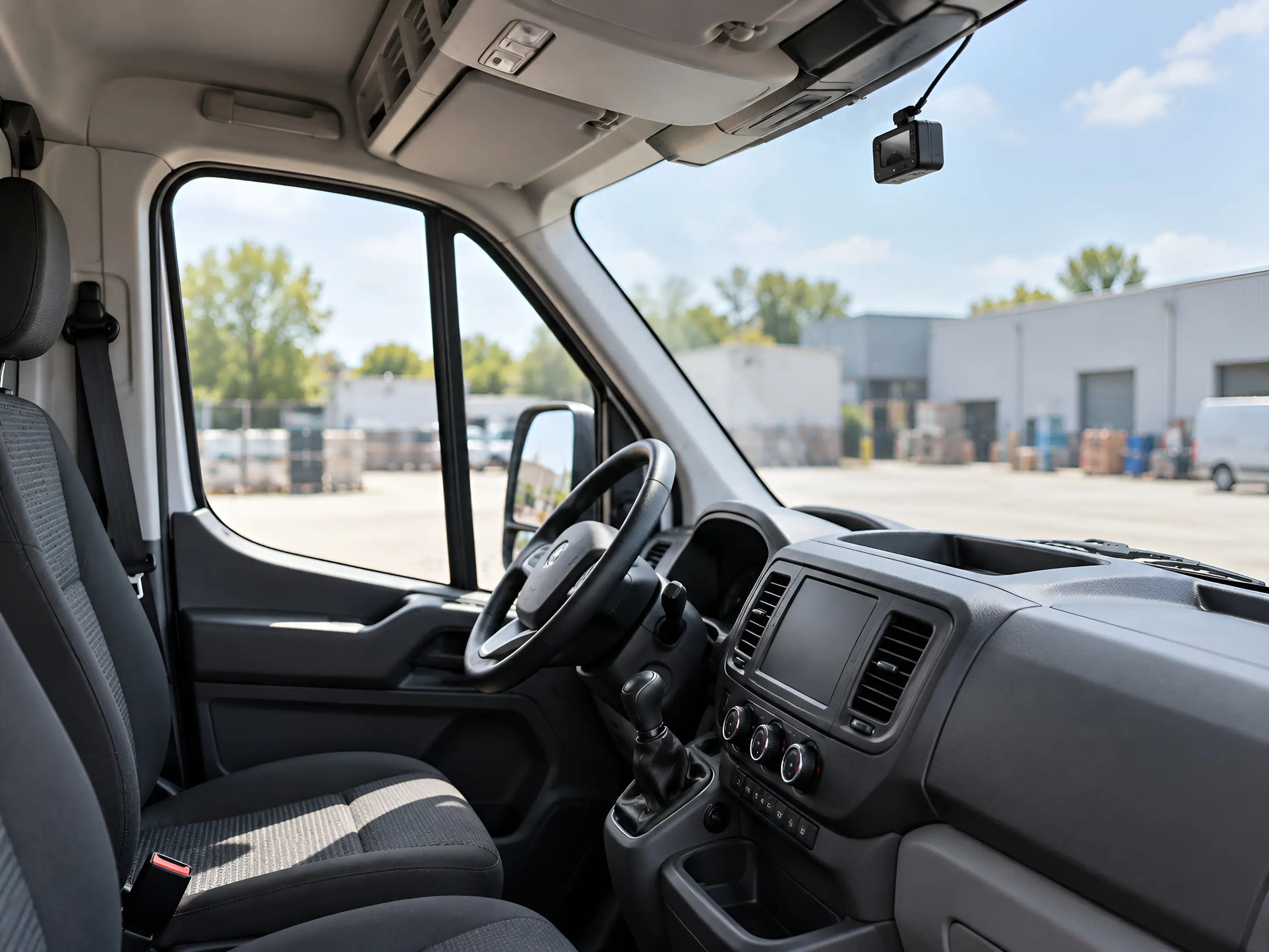 Commercial work van cab with a dashcam mounted at the top of the windshield