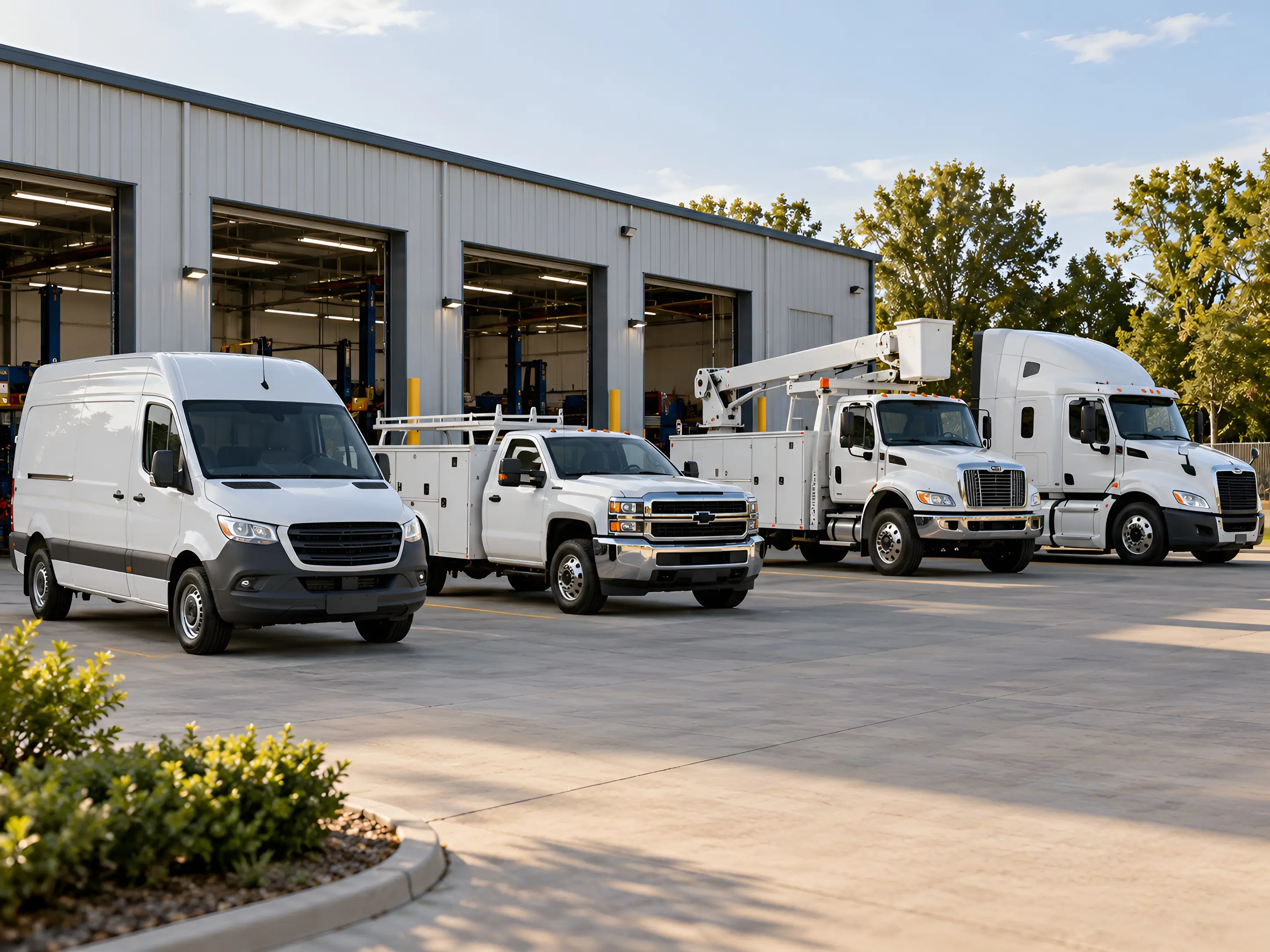 Commercial vehicles staged at a fleet service facility