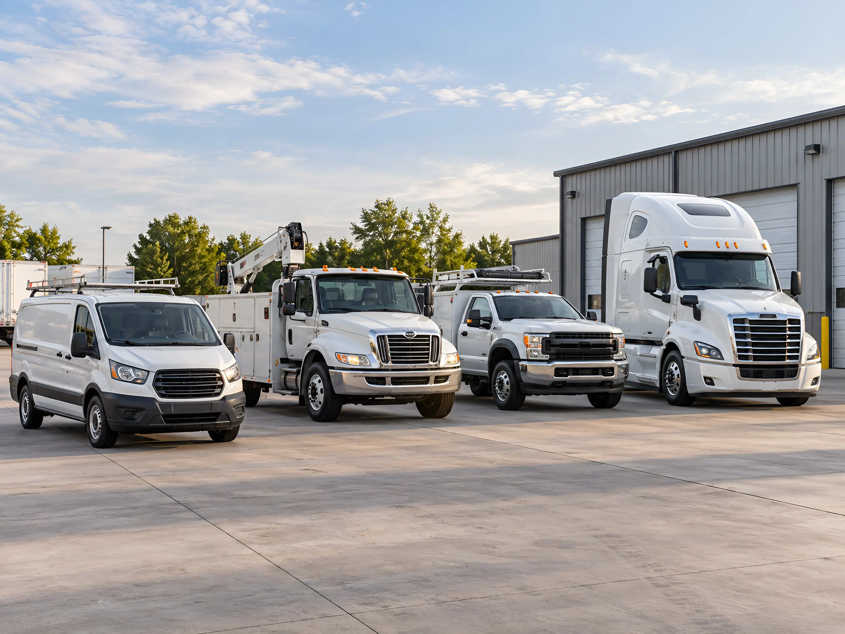 Commercial fleet vehicles including a work van, service truck, utility vehicle, and heavy-duty truck