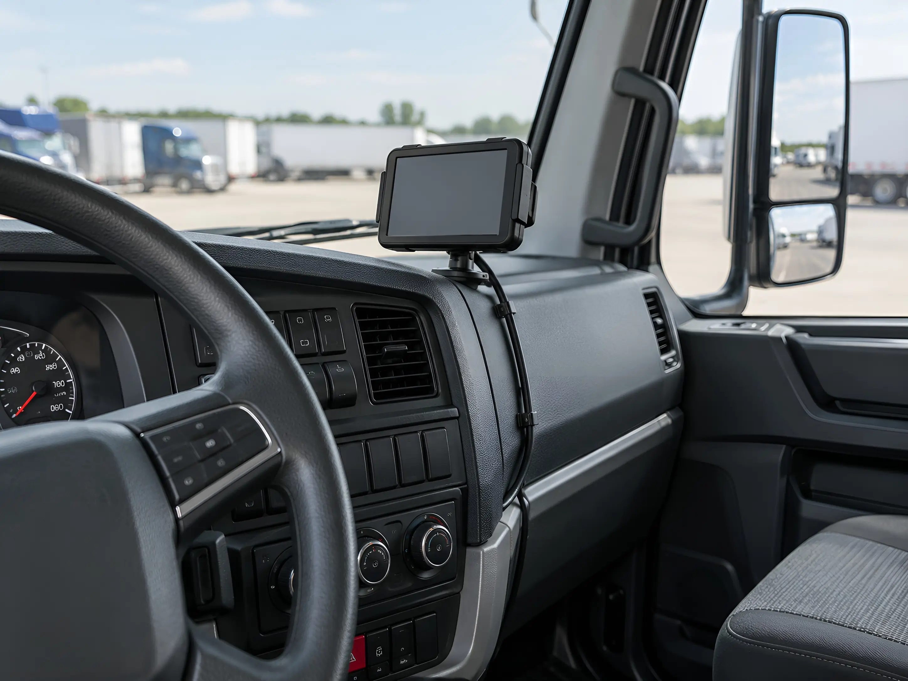 ELD device mounted near a truck dashboard with a neatly routed cable