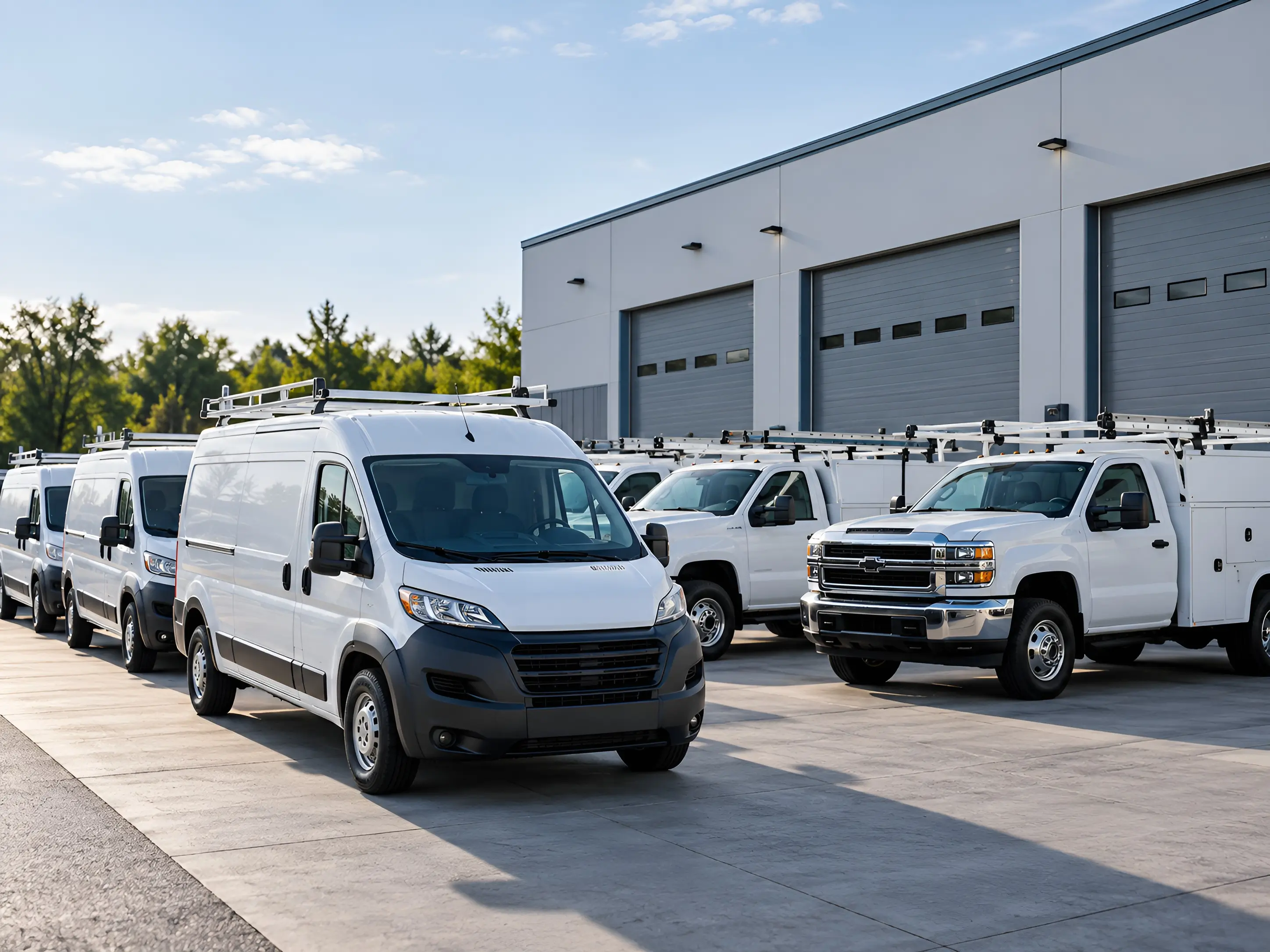 Commercial cargo vans and utility service trucks parked in rows outside a fleet facility