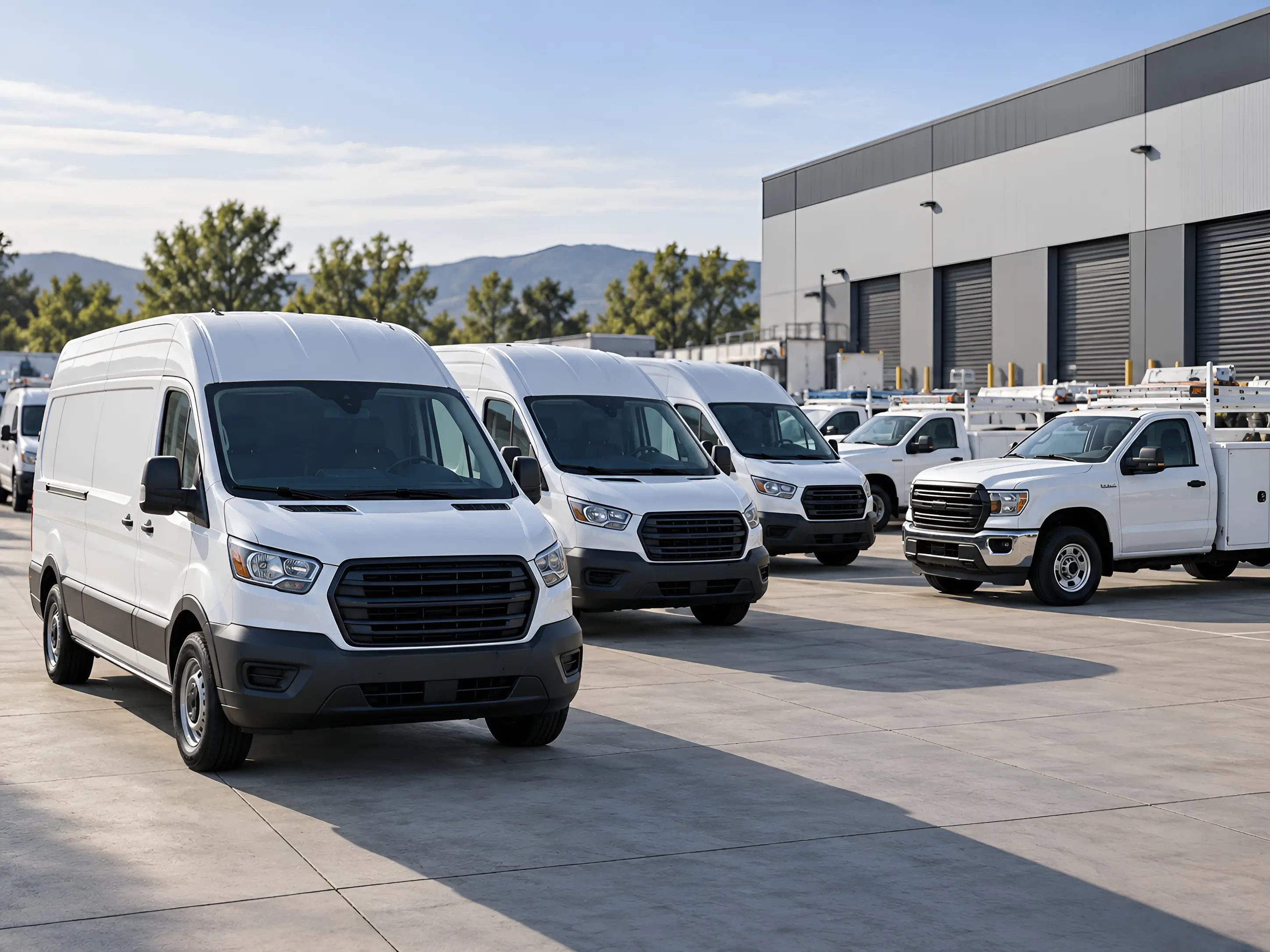 Commercial vans and utility service trucks parked in a row at a commercial facility