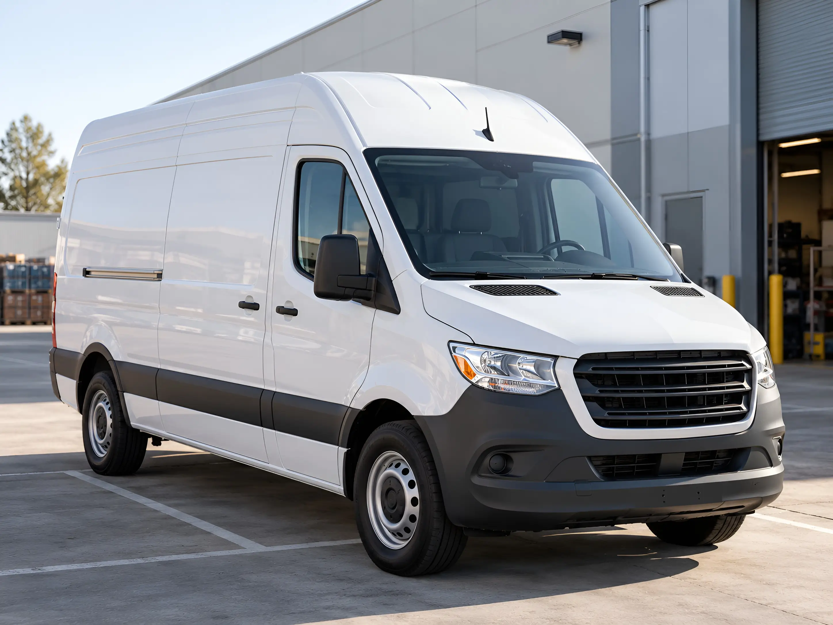White commercial work van parked outside a commercial facility, with the cab and dashboard visible through the windshield