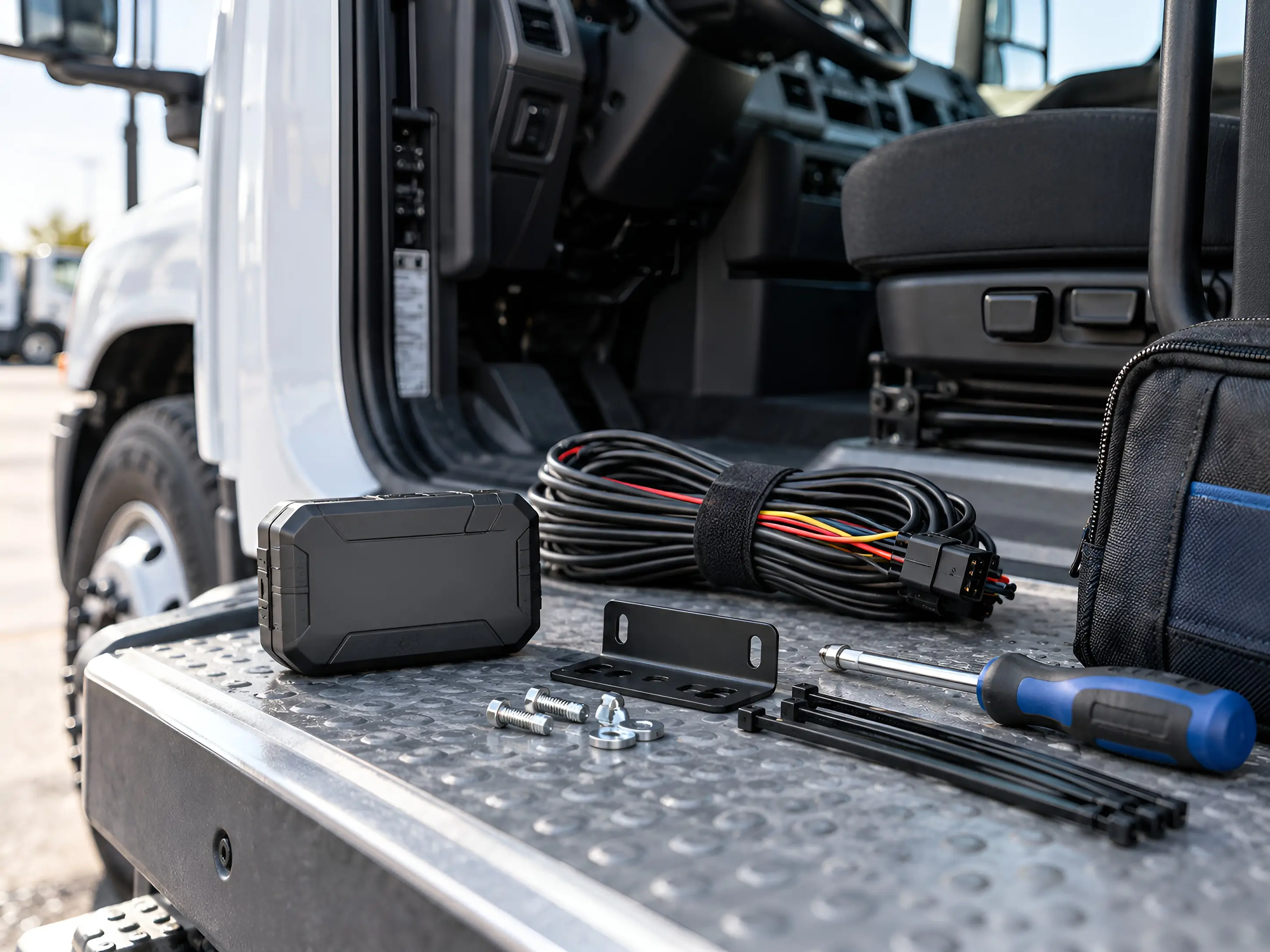 GPS tracking device, mounting bracket, wiring harness, fasteners, cable ties, and hand tools laid out on the step of a commercial truck