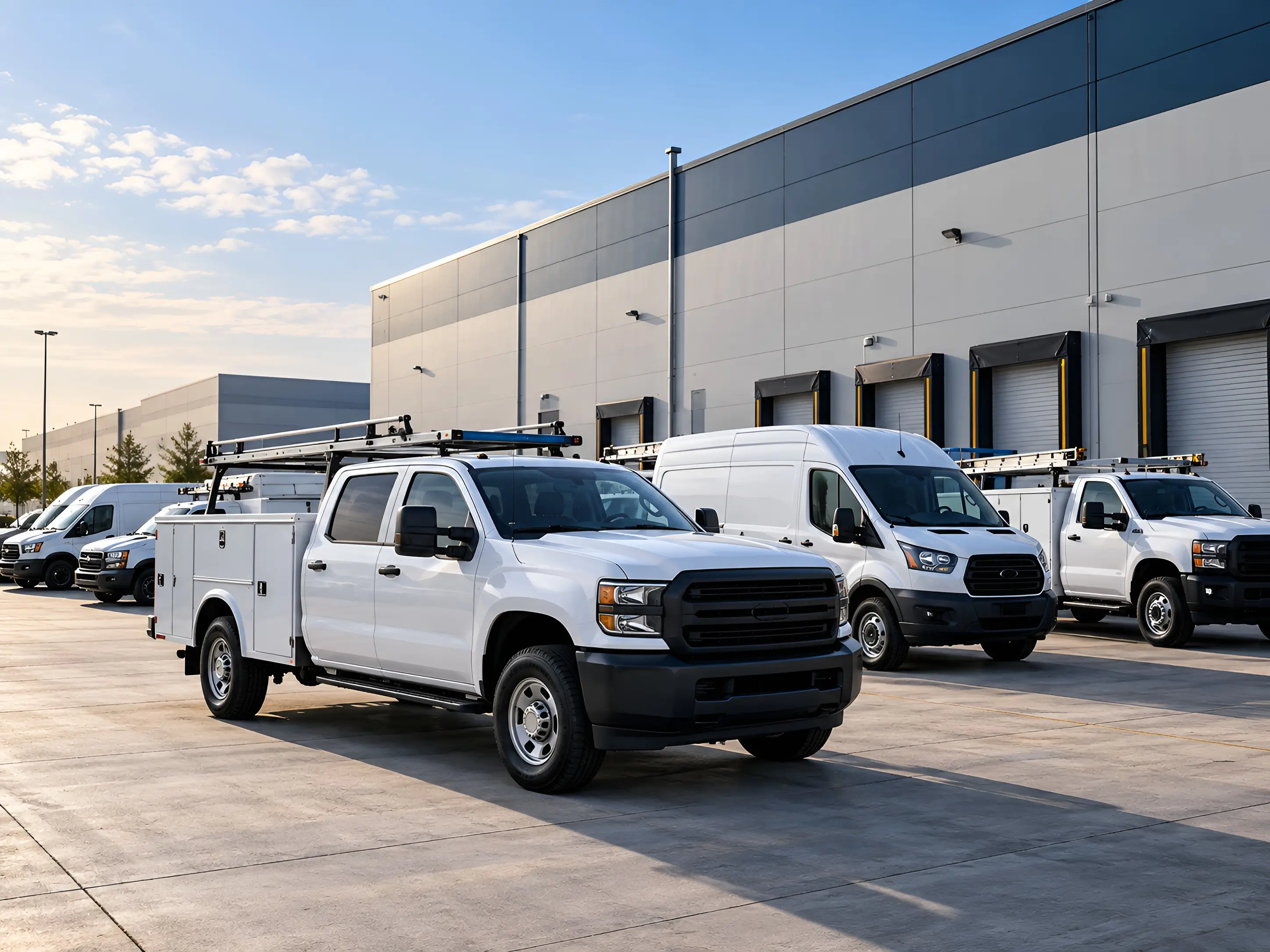 Commercial service trucks and cargo vans parked outside a large commercial facility with loading docks