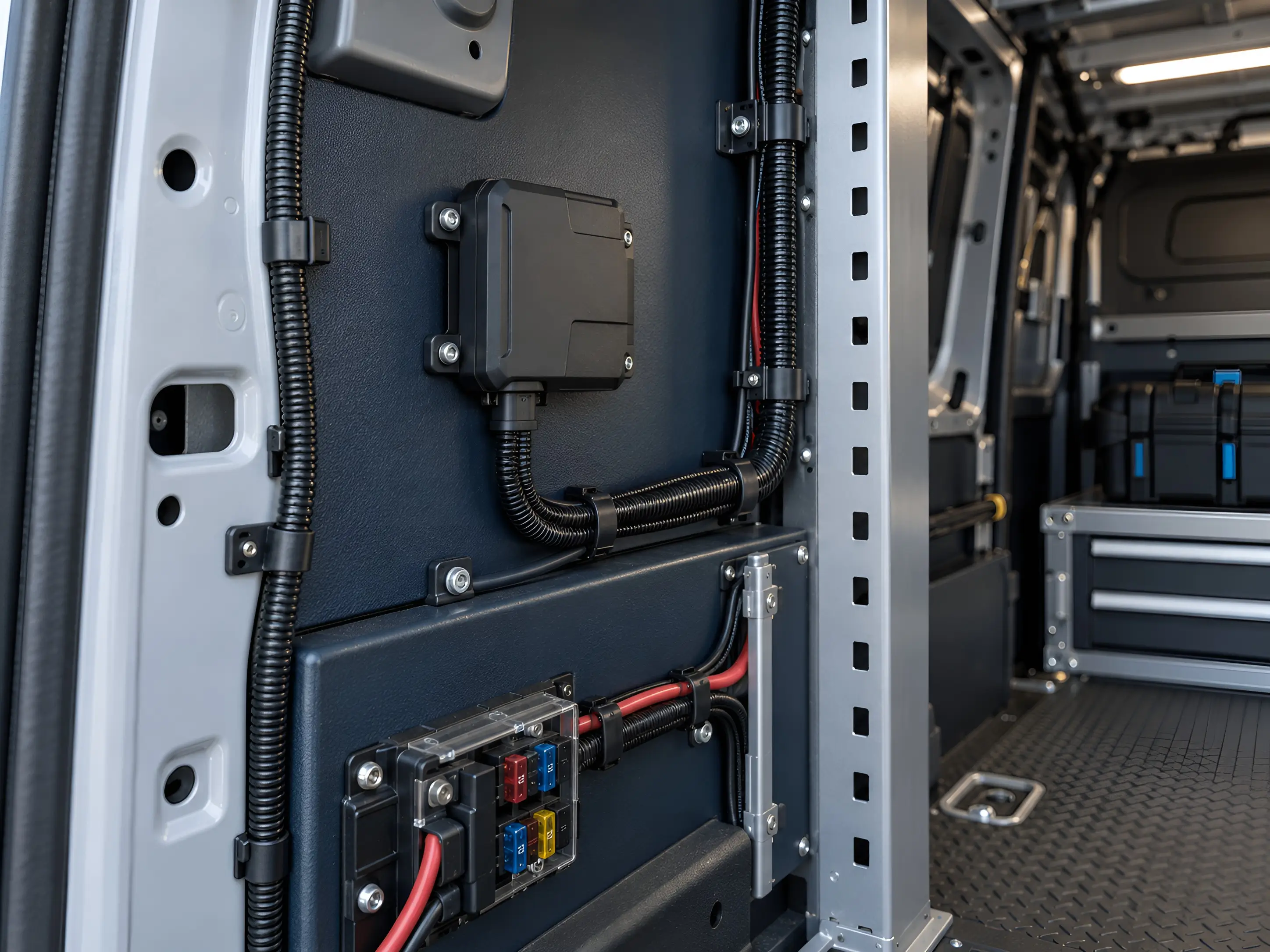 GPS tracking device and fuse block mounted inside a commercial van with wiring routed through protective conduit