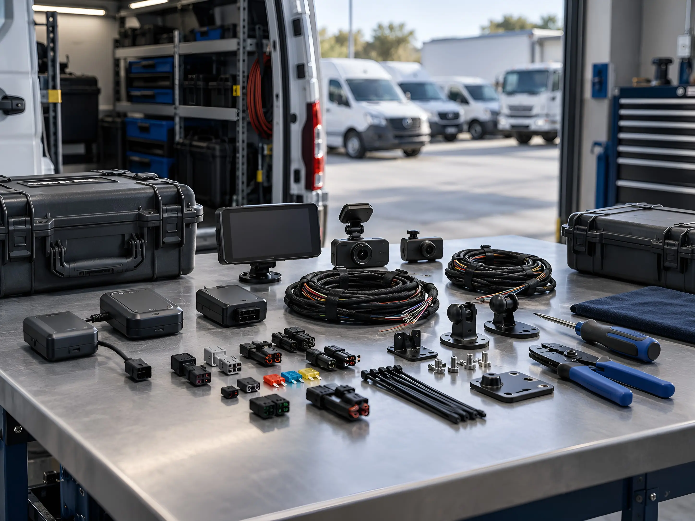 Fleet electronics and vehicle installation equipment prepared for commercial deployment