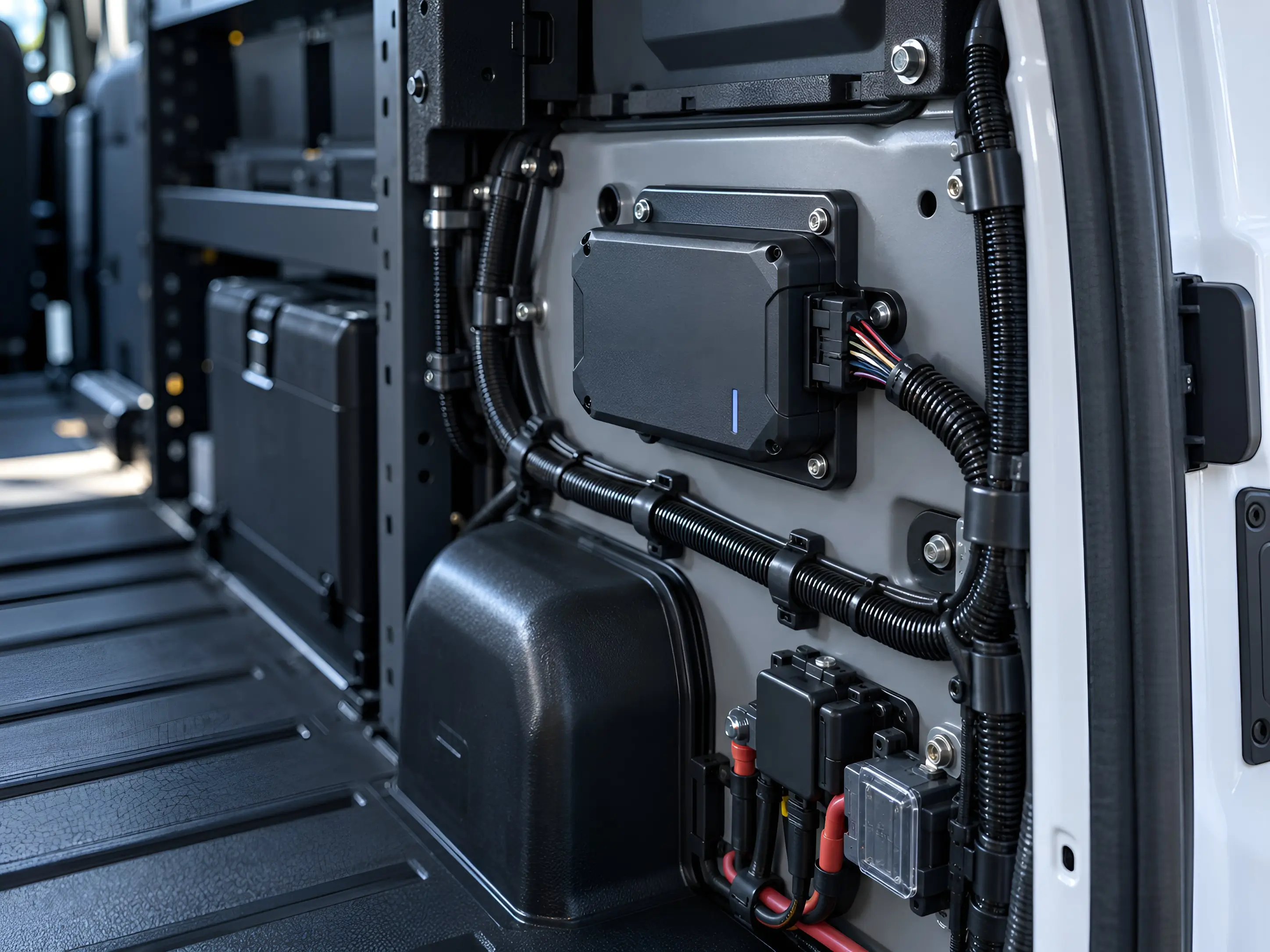 GPS tracking device mounted inside a commercial van with wiring routed through protective conduit