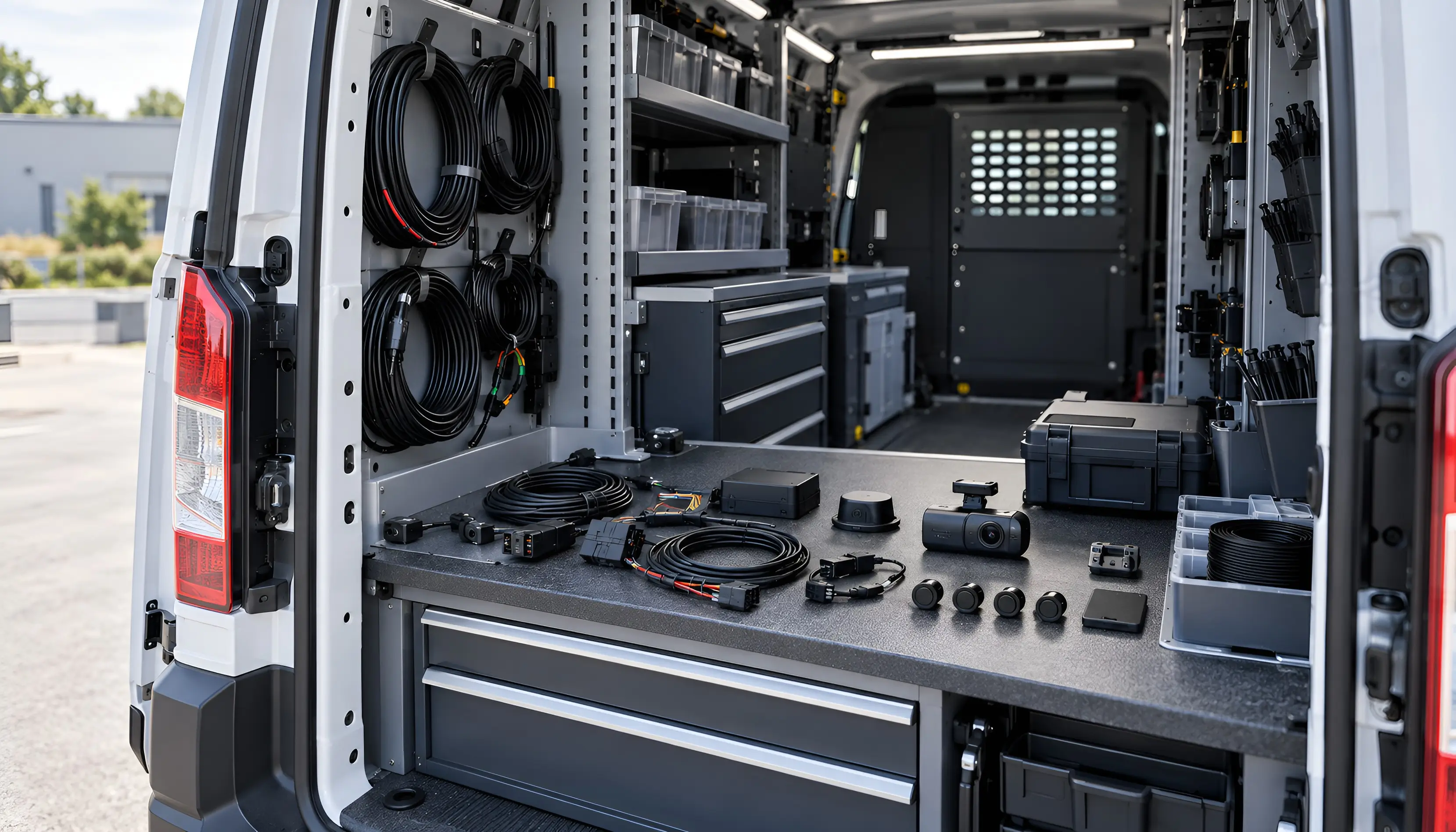 Fleet tracking and camera equipment with cabling laid out in a service van