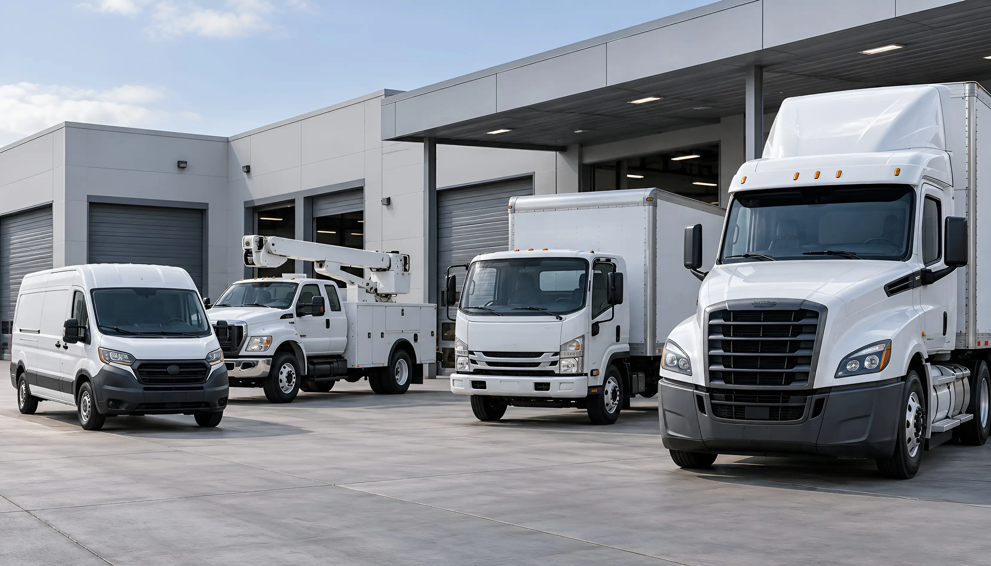 Several commercial fleet vehicles at a project location
