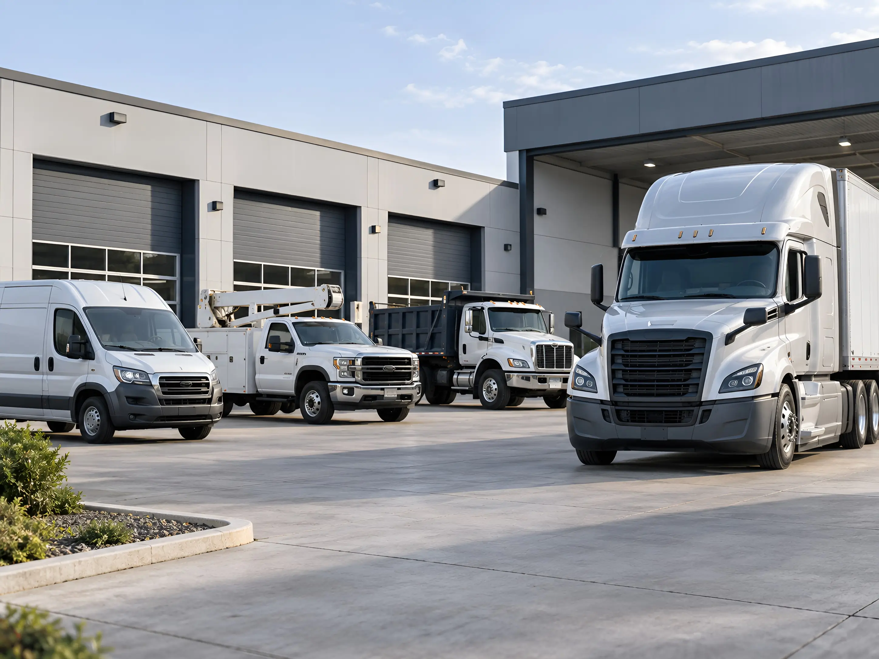 Commercial vehicles staged outside a fleet facility