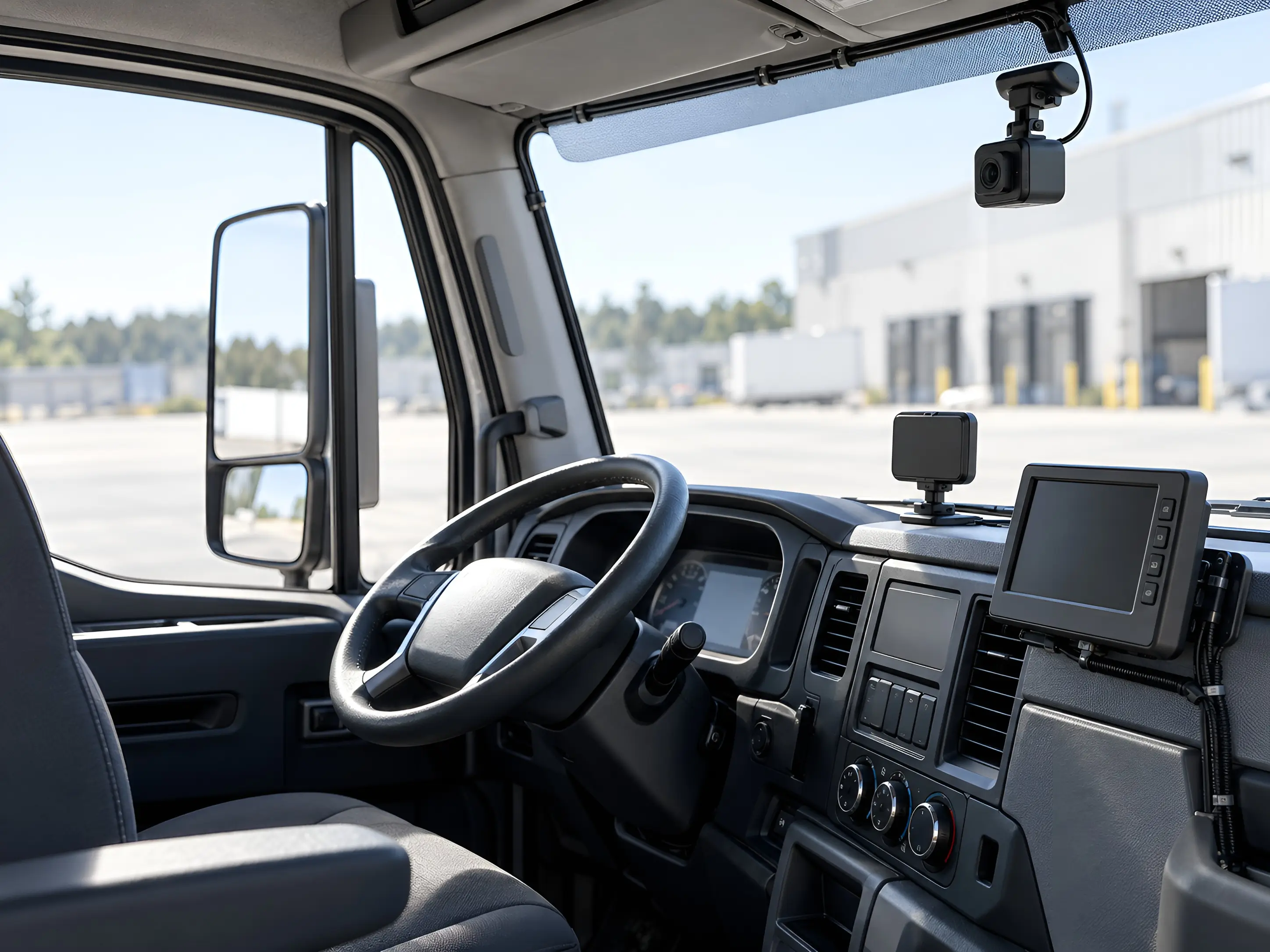Commercial vehicle cab with a dashcam and dash-mounted display installed