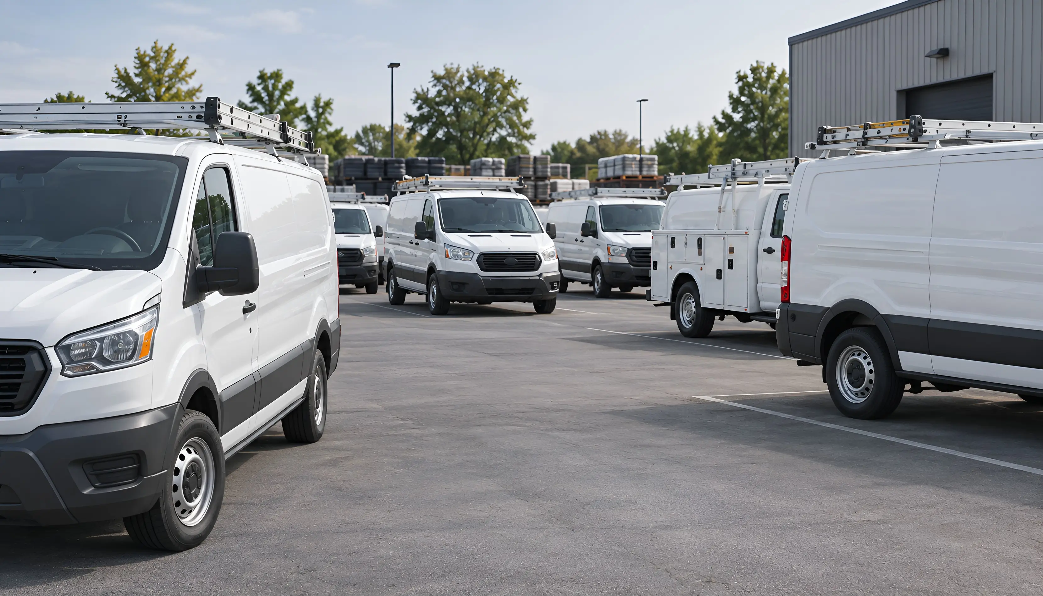 Commercial fleet vans and service vehicles in an organized fleet yard.